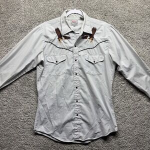 Ely Cattleman Shirt Mens Medium Light Gray Eagles Pearl Snap Western Embroidered